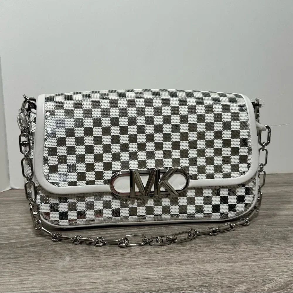 HTF MICHAEL KORS PARKER CHECK SILVER‎ POUCHETTE CONVERTIBLE SHOULDER BAG NWT